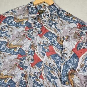 Vintage Pure Silk Shirt Mens Large Nautical Boating Ship Captian Blue Cruise AOP